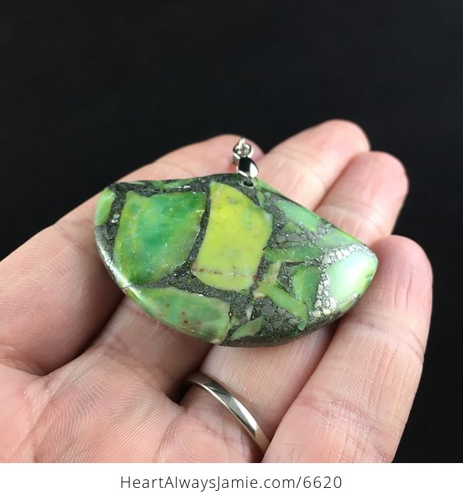 Fan Shaped Green Turquoise and Pyrite Stone Jewelry Pendant - #QPDGHvFeQHw-2