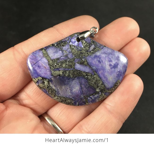 Fan Shaped Matrix Pyrite and Purple Stone Pendant - #h4opv6m0DtA-1