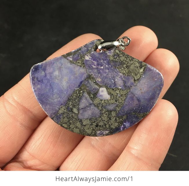 Fan Shaped Matrix Pyrite and Purple Stone Pendant Necklace - #h4opv6m0DtA-2