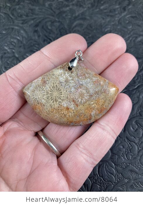 Fan Shaped Natural Nipomo Coral Fossil Stone Jewelry Pendant - #hMuaT2dDWgs-1