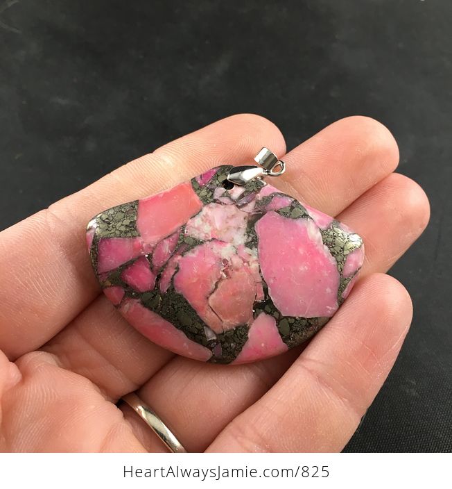 Fan Shaped Pink Stone and Pyrite Pendant - #2xcI76gMpCM-1