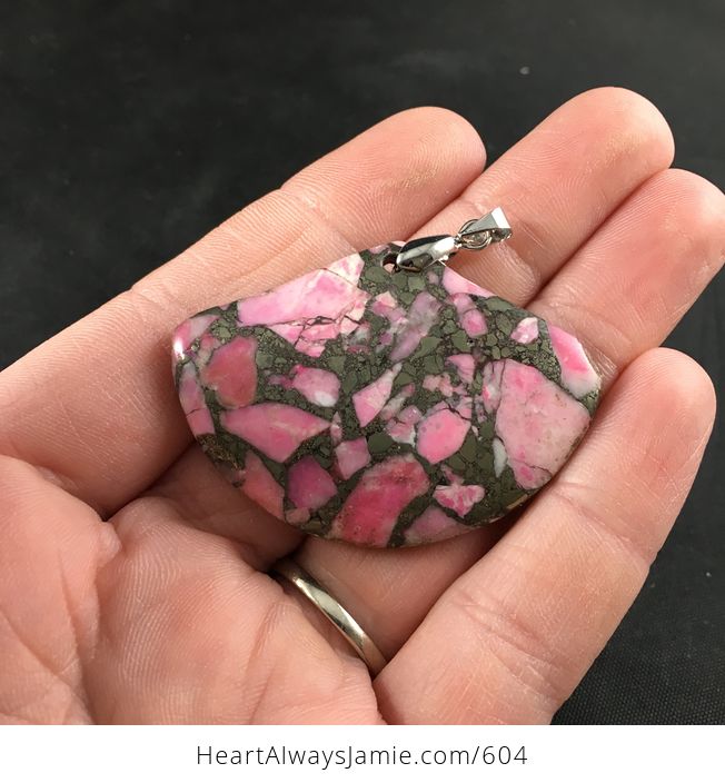 Fan Shaped Pink Stone and Pyrite Pendant - #UNMasre0lAs-1