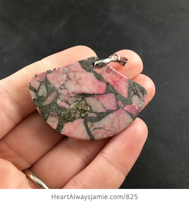 Fan Shaped Pink Stone and Pyrite Pendant Necklace - #2xcI76gMpCM-2