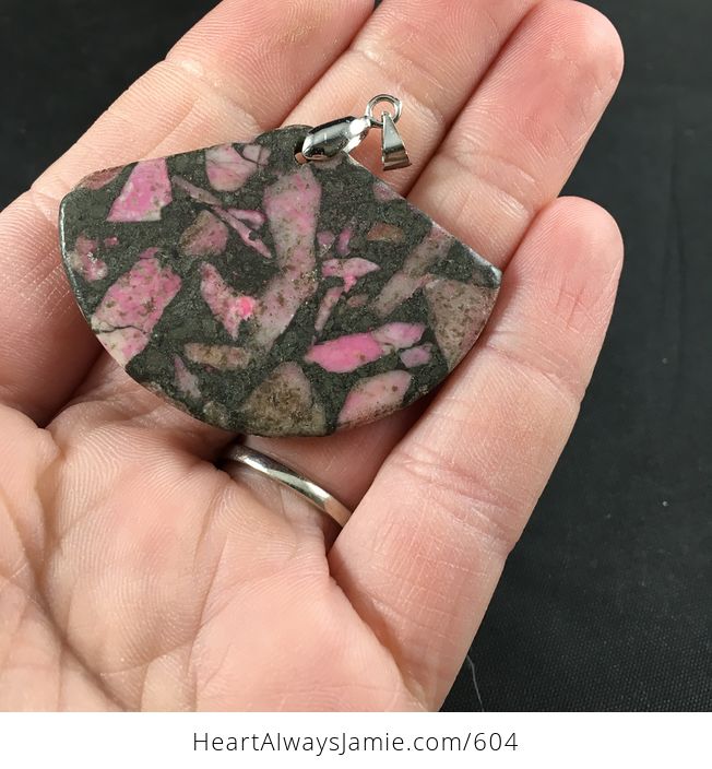 Fan Shaped Pink Stone and Pyrite Pendant Necklace - #UNMasre0lAs-2