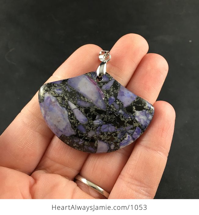 Fan Shaped Purple Stone and Pyrite Pendant - #JbhPMKIIaaU-1