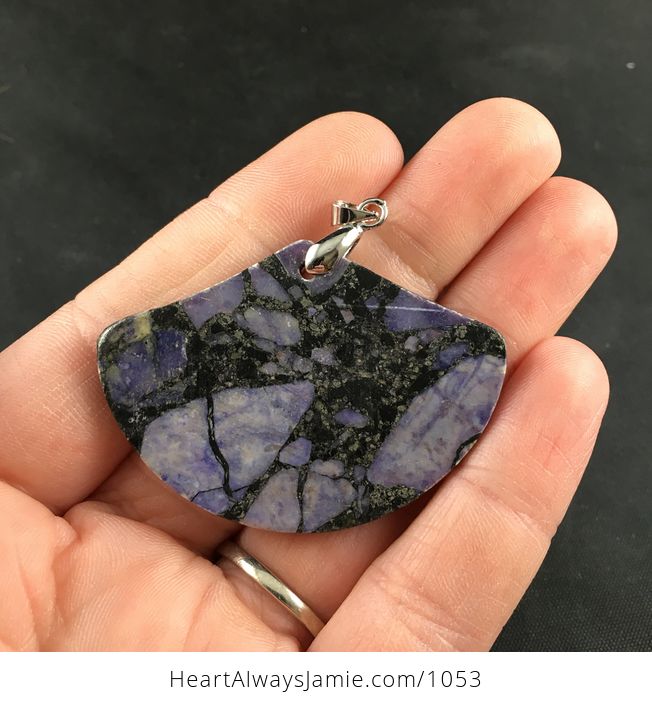 Fan Shaped Purple Stone and Pyrite Pendant Necklace - #JbhPMKIIaaU-2