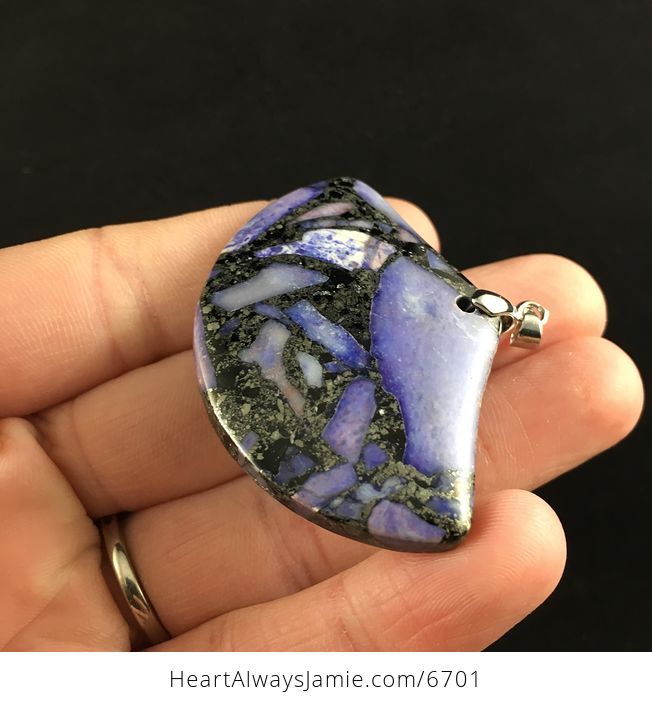 Fan Shaped Purple Turquoise and Pyrite Stone Jewelry Pendant - #uWZ4PZesVSU-3