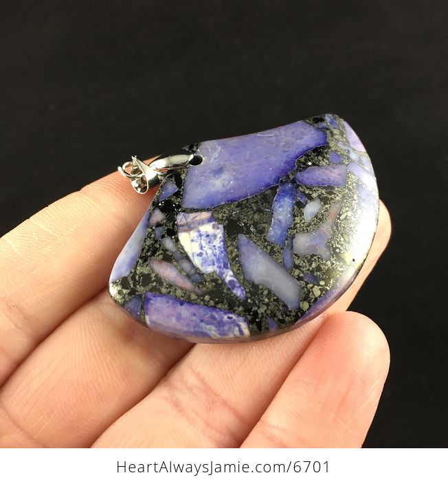 Fan Shaped Purple Turquoise and Pyrite Stone Jewelry Pendant - #uWZ4PZesVSU-4