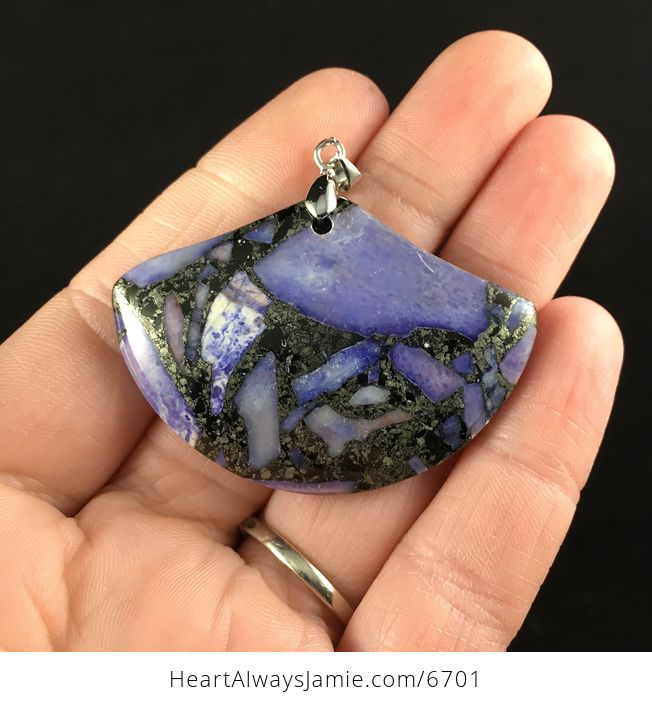 Fan Shaped Purple Turquoise and Pyrite Stone Jewelry Pendant - #uWZ4PZesVSU-1
