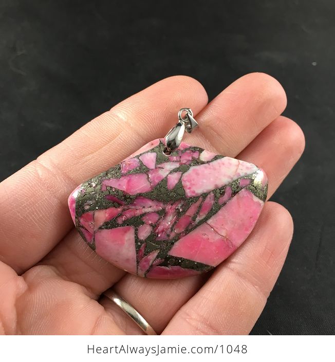 Fan Shaped Pyrite and Pink Stone Pendant - #vEV5bhIbFIo-1