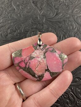 Fan Shaped Pyrite and Pink Turquoise Crystal Stone Jewelry Pendant #2QKcNlTxtek