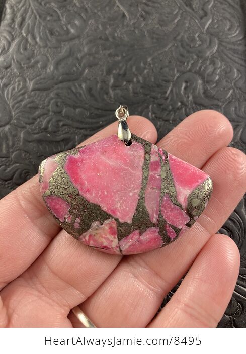 Fan Shaped Pyrite and Pink Turquoise Crystal Stone Jewelry Pendant - #05aqyYmNNfU-1