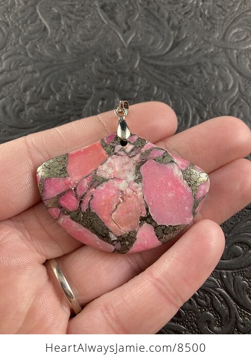 Fan Shaped Pyrite and Pink Turquoise Crystal Stone Jewelry Pendant - #2QKcNlTxtek-1