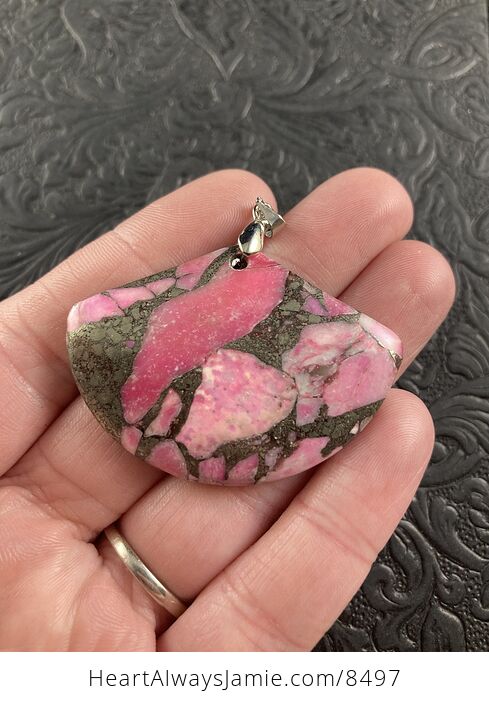 Fan Shaped Pyrite and Pink Turquoise Crystal Stone Jewelry Pendant - #3893Yu0Vlas-1