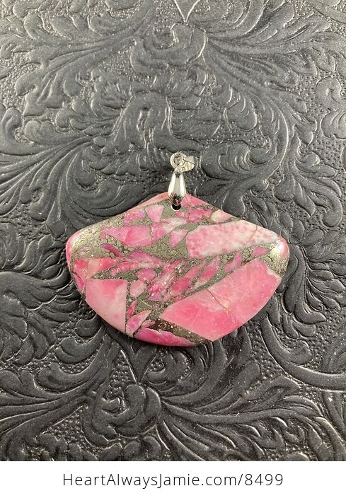 Fan Shaped Pyrite and Pink Turquoise Crystal Stone Jewelry Pendant - #HfxmHYvGMac-4