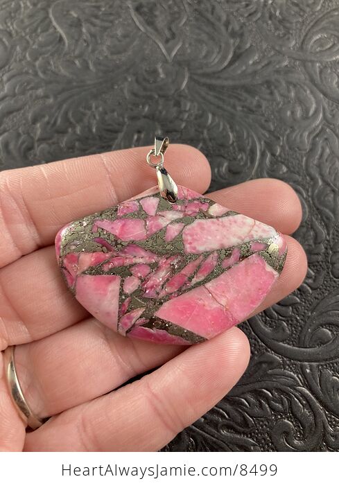 Fan Shaped Pyrite and Pink Turquoise Crystal Stone Jewelry Pendant - #HfxmHYvGMac-1