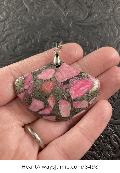 Fan Shaped Pyrite and Pink Turquoise Crystal Stone Jewelry Pendant - #LT4ArHq26mo-1
