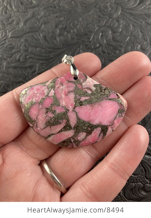 Fan Shaped Pyrite and Pink Turquoise Crystal Stone Jewelry Pendant - #aSlkcjXT6gg-1