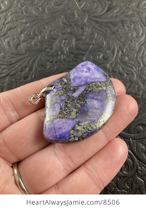 Fan Shaped Pyrite and Purple Turquoise Crystal Stone Jewelry Pendant - #JpUmfjXVnIA-3