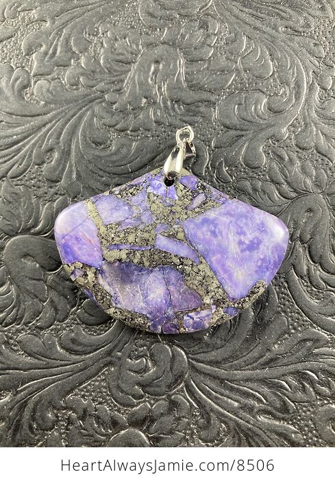 Fan Shaped Pyrite and Purple Turquoise Crystal Stone Jewelry Pendant - #JpUmfjXVnIA-4