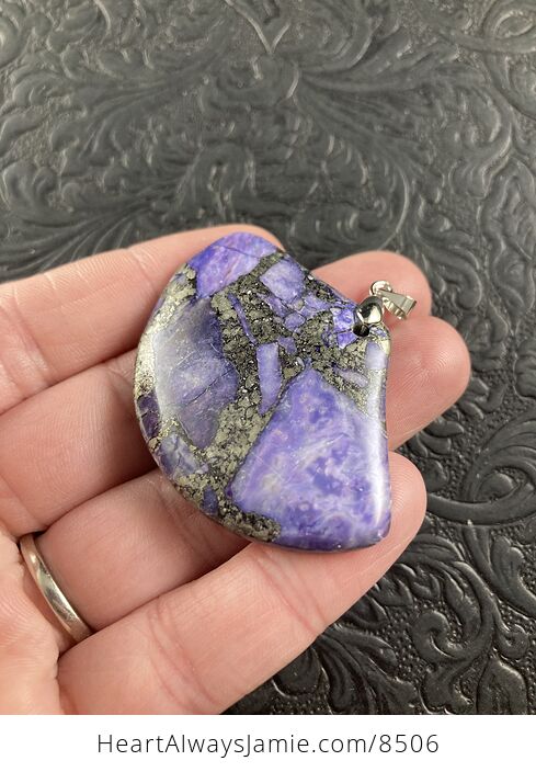 Fan Shaped Pyrite and Purple Turquoise Crystal Stone Jewelry Pendant - #JpUmfjXVnIA-2