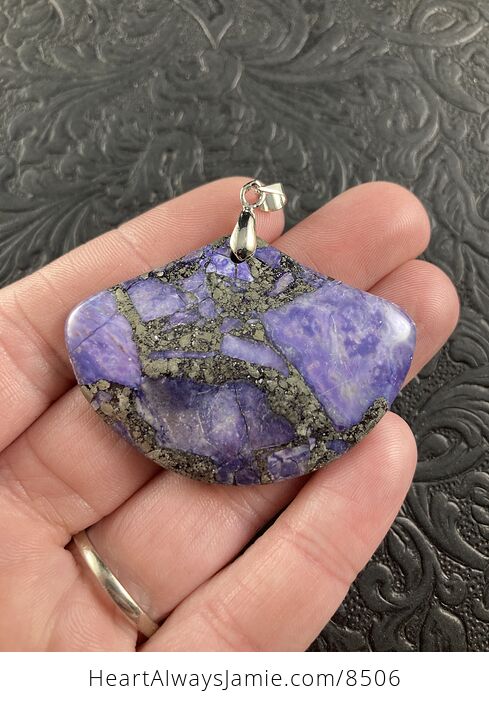 Fan Shaped Pyrite and Purple Turquoise Crystal Stone Jewelry Pendant - #JpUmfjXVnIA-1