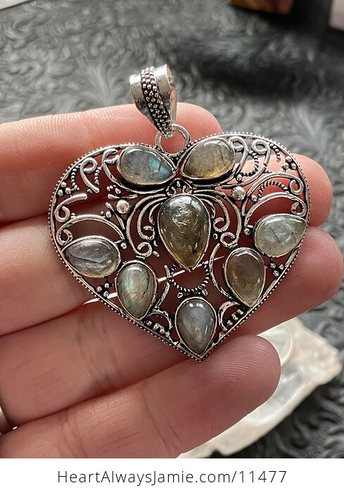 Filigree Heart Labradorite Crystal Stone Jewelry Pendant - #sMzO5WXPAU8-2
