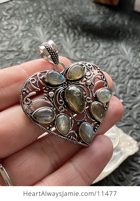 Filigree Heart Labradorite Crystal Stone Jewelry Pendant - #sMzO5WXPAU8-3