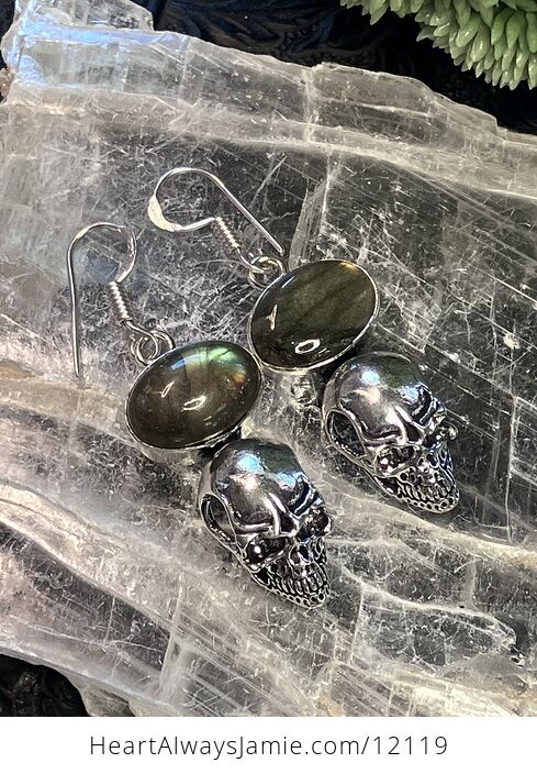 Flashy Labradorite and Skull Stone Crystal Jewelry Earrings - #ZapvOvXB8vM-6