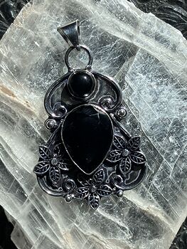 Floral Black Onyx Chalcedony Agate Crystal Stone Jewelry Vintage Styled Pendant #HPV3UXtnlNk