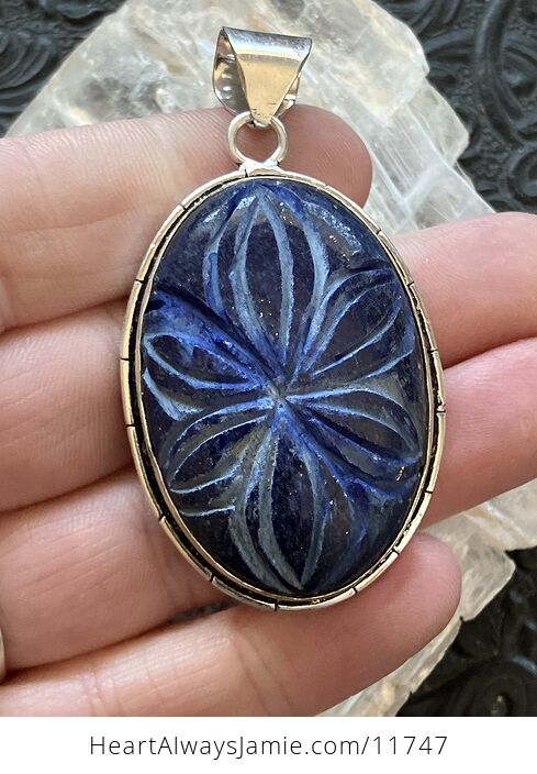Floral Carved Lapis Lazuli Gemstone Crystal Jewelry Pendant - #zSLqv8IqGug-1