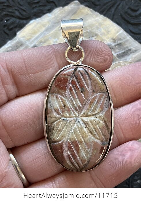Floral Carved Mookaite Jasper Stone Crystal Jewelry Pendant - #hDXEJ3E3kWY-1