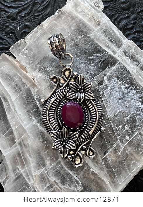 Floral Simulated Faceted Ruby Gemstone Crystal Jewelry Pendant - #HevbePG060U-5