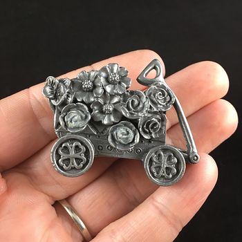Flower and Garden Wagon Earrings Brooch Necklace and Trinket Jewelry Box Set Vintage Torino Pewter #xqfFenKIghw