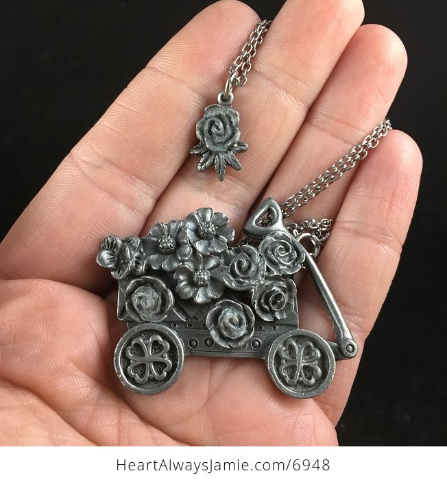 Flower and Garden Wagon Earrings Brooch Necklace and Trinket Jewelry Box Set Vintage Torino Pewter - #xqfFenKIghw-5