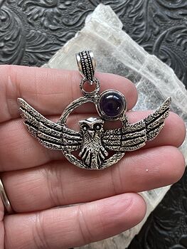 Flying Owl and Amethyst Crystal Gemstone Stone Jewelry Pendant #9fYHcUNvuTI