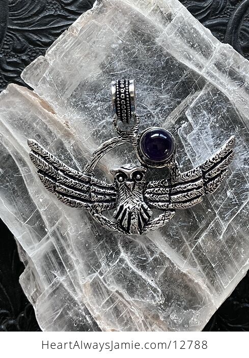 Flying Owl and Amethyst Crystal Gemstone Stone Jewelry Pendant - #9fYHcUNvuTI-4