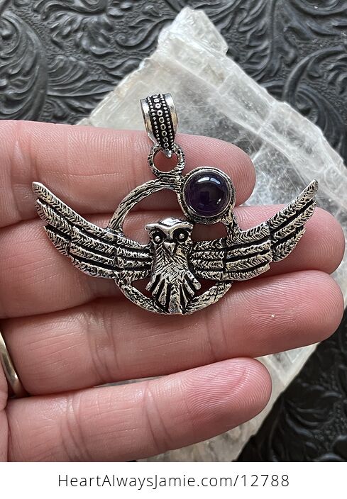 Flying Owl and Amethyst Crystal Gemstone Stone Jewelry Pendant - #9fYHcUNvuTI-1