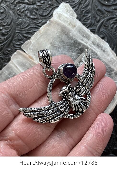 Flying Owl and Amethyst Crystal Gemstone Stone Jewelry Pendant - #9fYHcUNvuTI-2