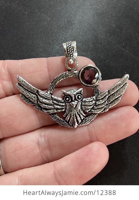 Flying Owl and Faceted Amethyst Crystal Gemstone Stone Jewelry Pendant - #jpqSY8te4PY-1