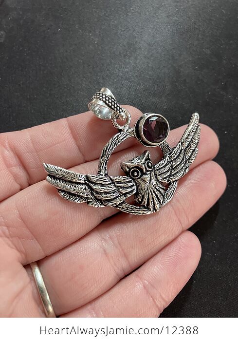 Flying Owl and Faceted Amethyst Crystal Gemstone Stone Jewelry Pendant - #jpqSY8te4PY-2