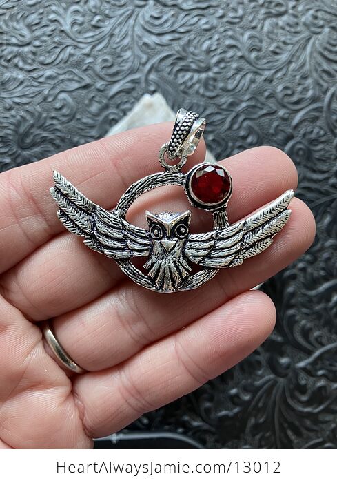 Flying Owl and Faceted Garnet Crystal Gemstone Stone Jewelry Pendant - #E0l2u2dfN7k-1