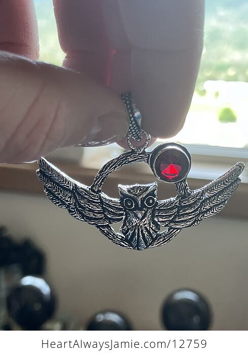 Flying Owl and Faceted Garnet Crystal Gemstone Stone Jewelry Pendant - #Ft9VeOnc3lg-7