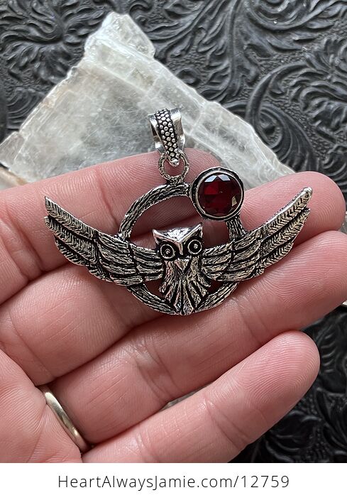 Flying Owl and Faceted Garnet Crystal Gemstone Stone Jewelry Pendant - #Ft9VeOnc3lg-1