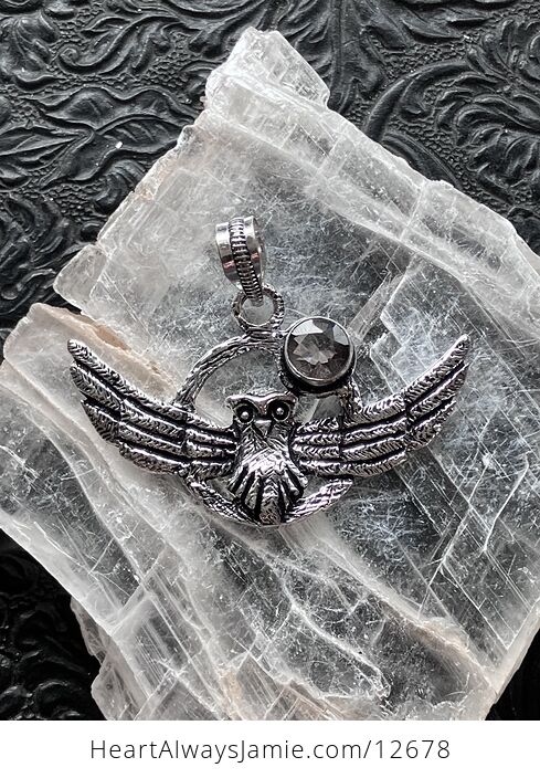 Flying Owl and Faceted Smoky Quartz Crystal Gemstone Stone Jewelry Pendant - #vpceN2Vyq58-1