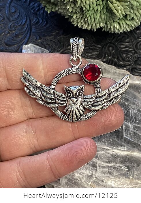 Flying Owl and Garnet Crystal Gemstone Stone Jewelry Pendant - #KzCEKqF6LI4-1