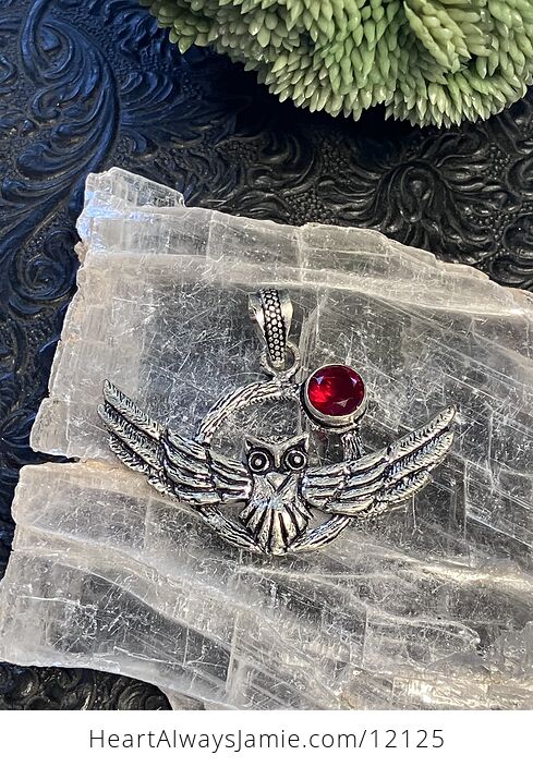 Flying Owl and Garnet Crystal Gemstone Stone Jewelry Pendant - #KzCEKqF6LI4-2