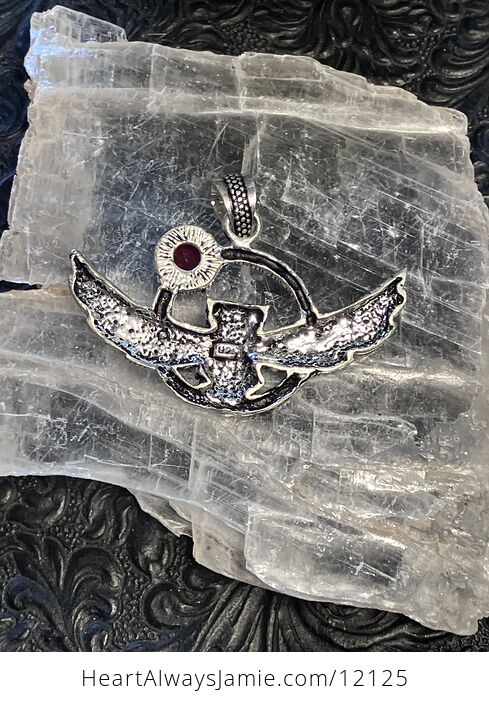 Flying Owl and Garnet Crystal Gemstone Stone Jewelry Pendant - #KzCEKqF6LI4-3