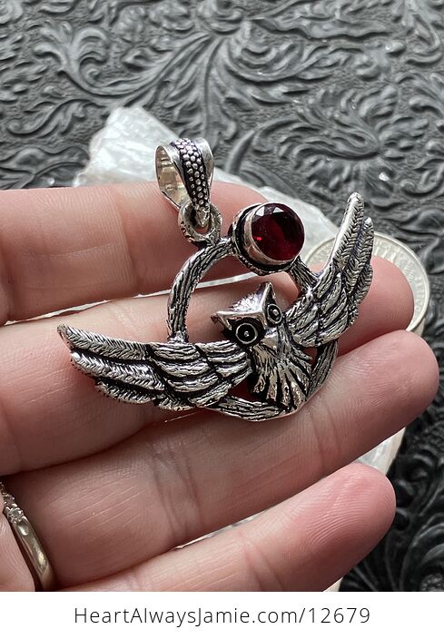 Flying Owl and Garnet Crystal Gemstone Stone Jewelry Pendant - #X69msldNMHk-3