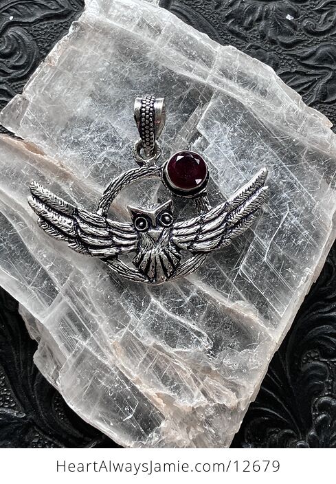 Flying Owl and Garnet Crystal Gemstone Stone Jewelry Pendant - #X69msldNMHk-5